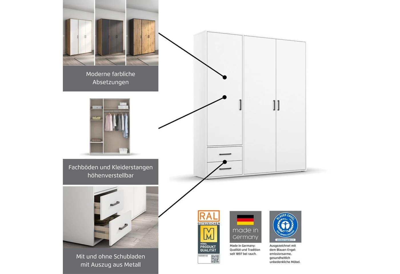 Rauch Drehtürenschrank Kleiderschrank Garderobe Wäscheschrank Voyager Graumetallic Eiche - Bild 5