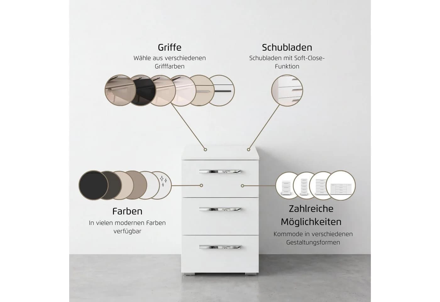 Nachtkommode Rauch Montclar Weiß Hochglanz 3 Schubladen - Bild 4