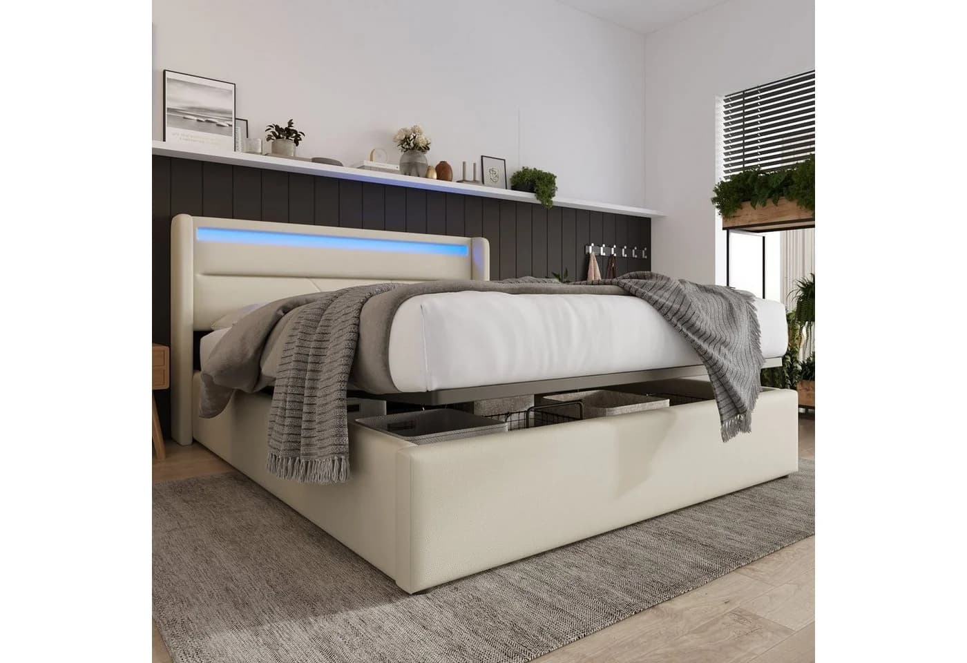 OKWISH Polsterbett Weiß mit LED-Beleuchtung & Bettkasten - Bild 4