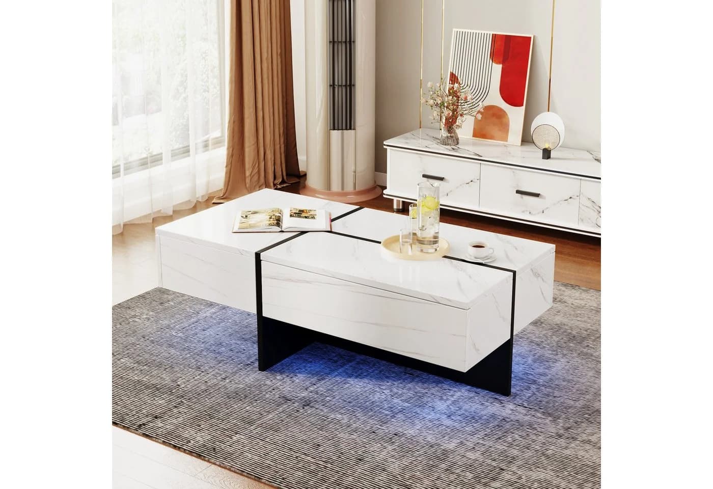 OKWISH Couchtisch Hochglanz Marmoroptik mit LED-System und Schubladen