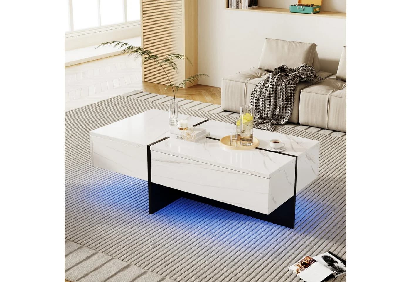 OKWISH Couchtisch Hochglanz Marmoroptik mit LED-System und Schubladen - Bild 3
