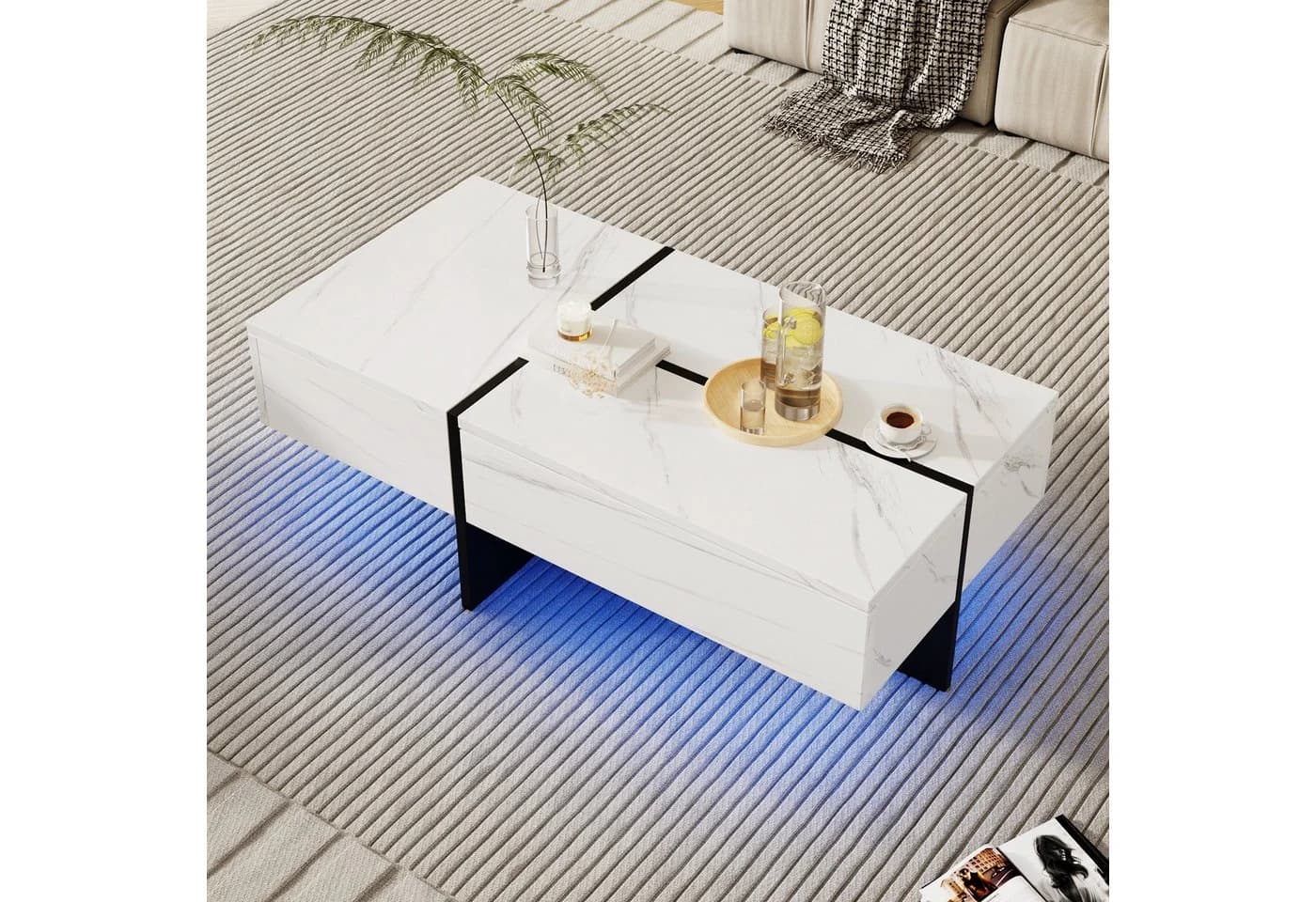 OKWISH Couchtisch Hochglanz Marmoroptik mit LED-System und Schubladen - Bild 4