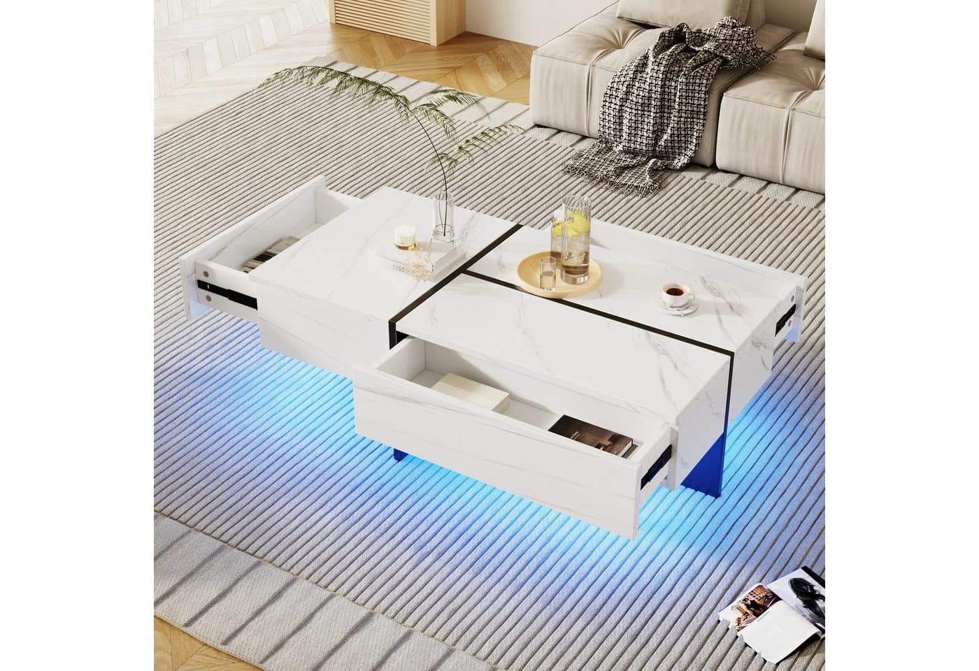 OKWISH Couchtisch Hochglanz Marmoroptik mit LED-System und Schubladen - Bild 5