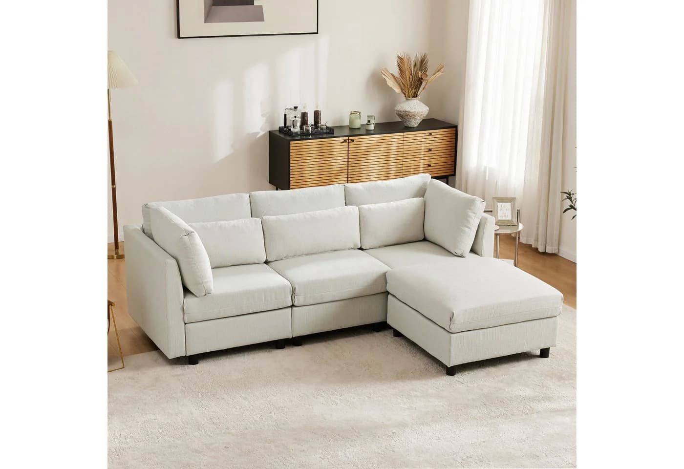 OKWISH Ecksofa L-förmig Beige Leinen mit Hocker