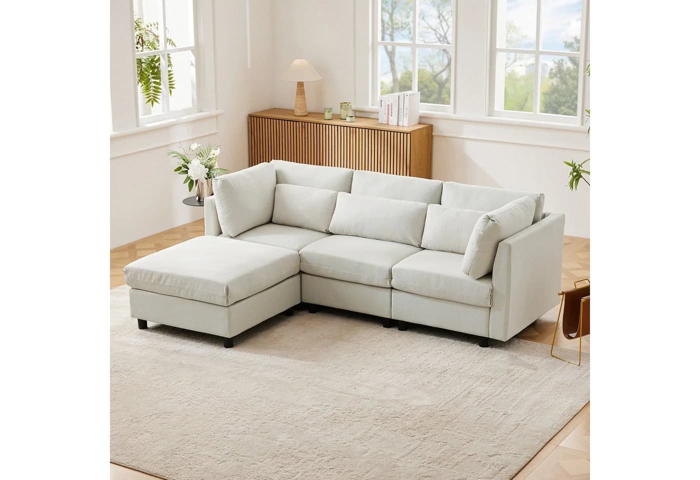 OKWISH Ecksofa L-förmig Beige Leinen mit Hocker - Bild 2