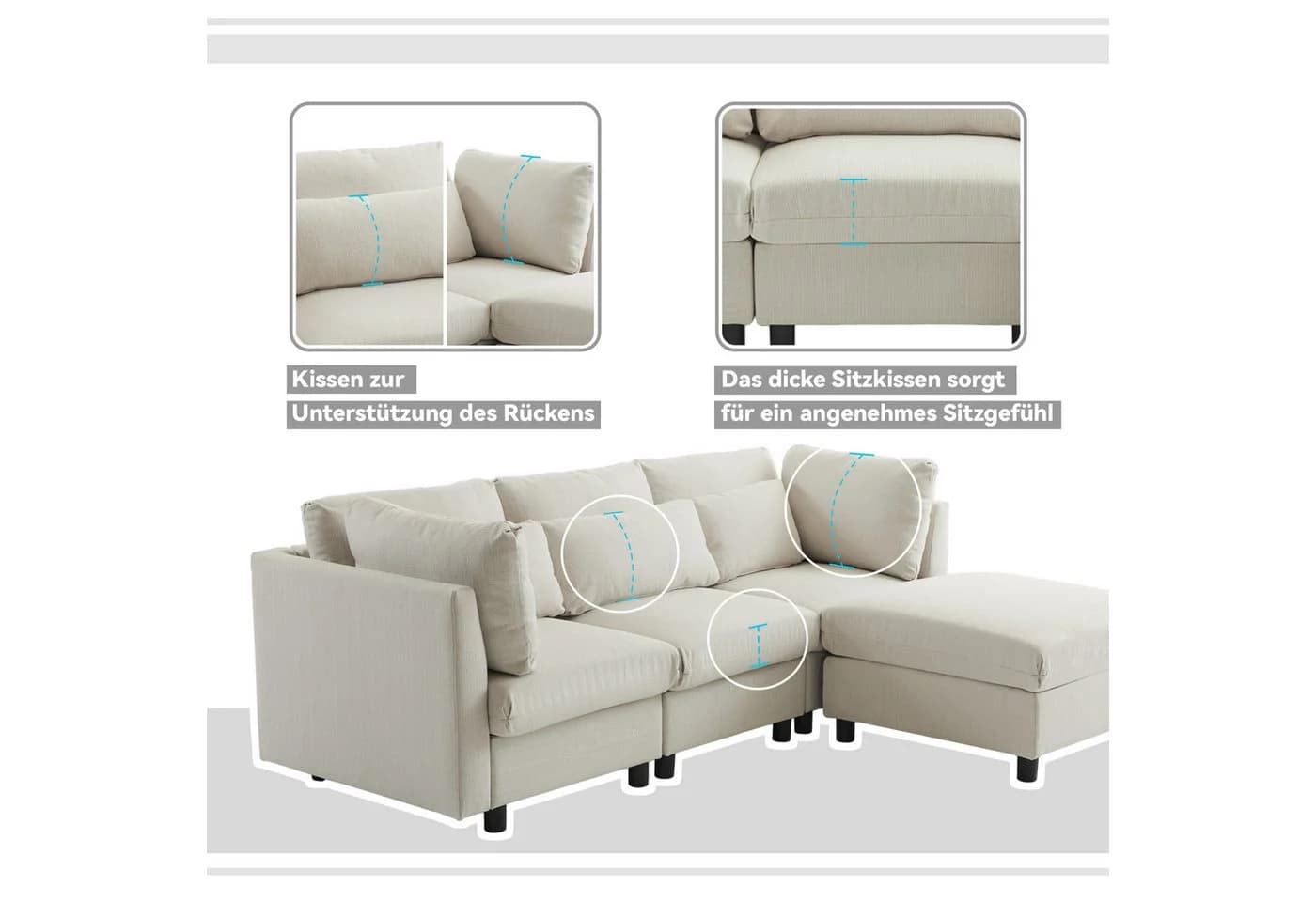 OKWISH Ecksofa L-förmig Beige Leinen mit Hocker - Bild 3