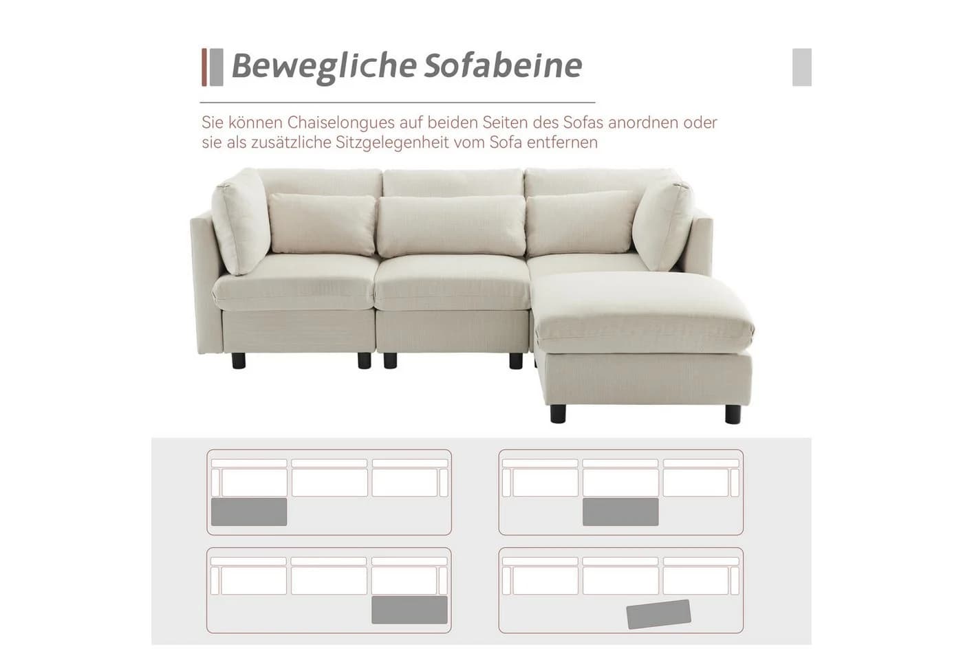 OKWISH Ecksofa L-förmig Beige Leinen mit Hocker - Bild 4