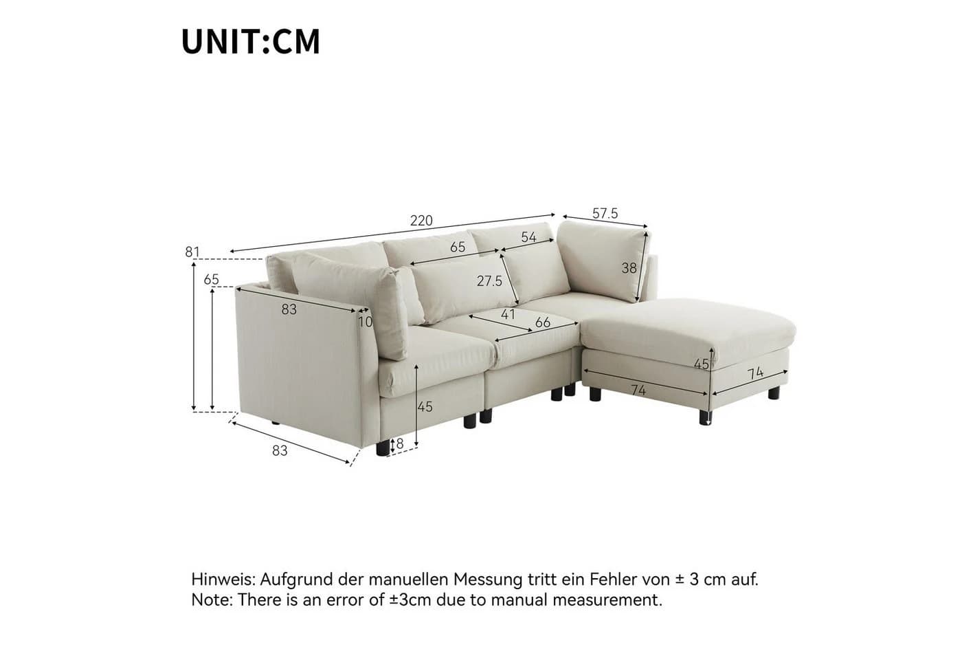 OKWISH Ecksofa L-förmig Beige Leinen mit Hocker - Bild 5
