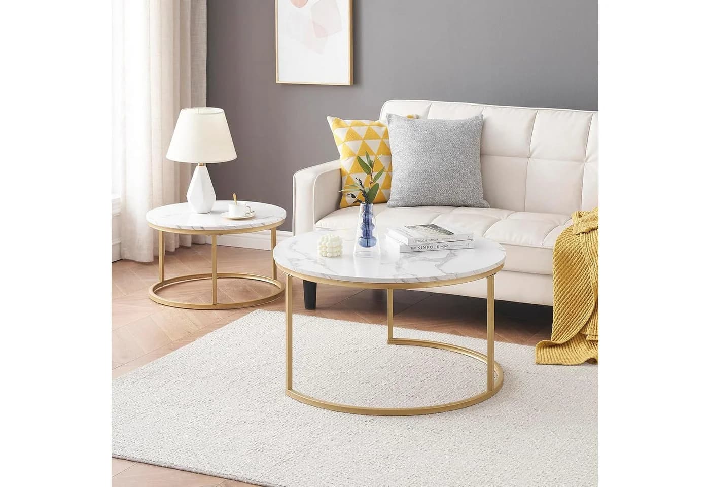 OKWISH Couchtisch 2-teiliges Set Weiß+Gold Marmormuster - Bild 4