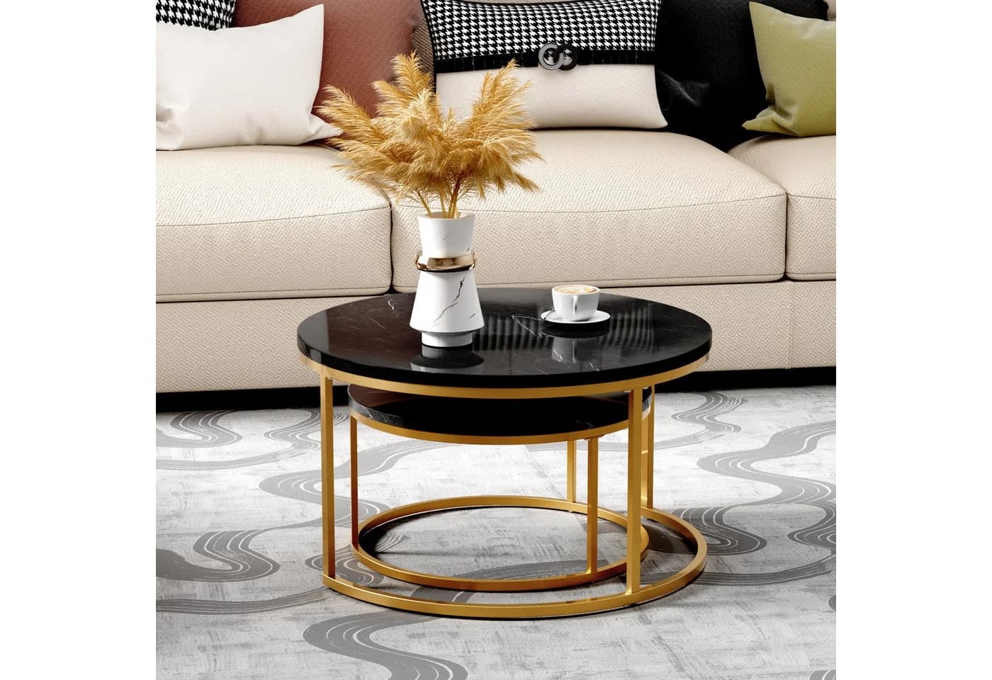 OKWISH Couchtisch 2-tlg. Schwarz Marmoroptik Verschachtelbar - Bild 5