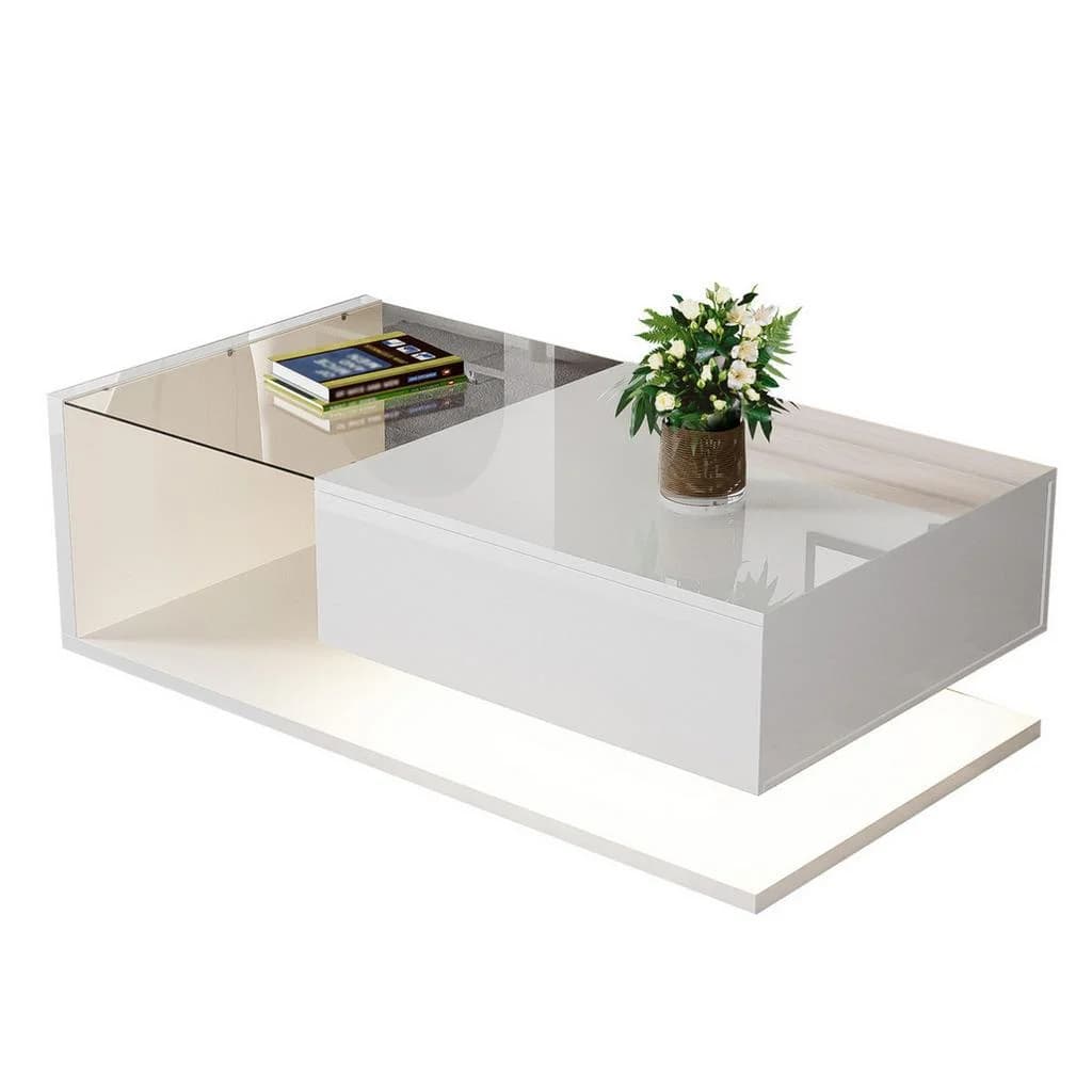 Okwish Couchtisch Weiß Glasplatte LED-Beleuchtung Hochglanz