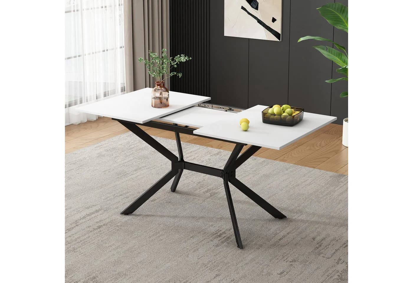OKWISH Weißer Esstisch mit Teleskop-Auszug und Metallbeinen