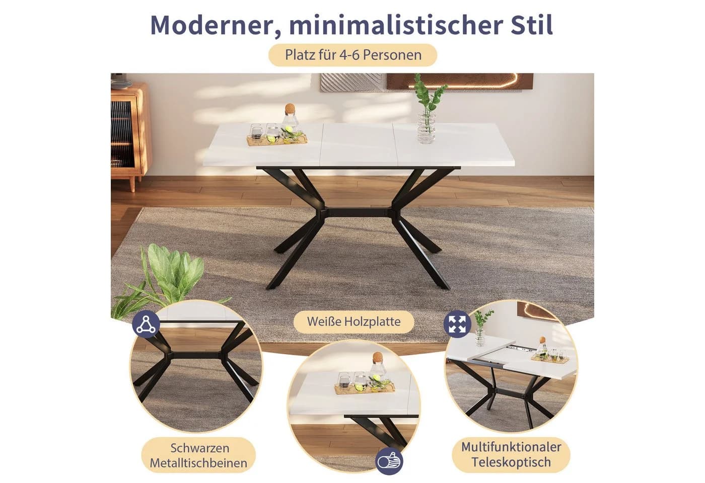 OKWISH Weißer Esstisch mit Teleskop-Auszug und Metallbeinen - Bild 5