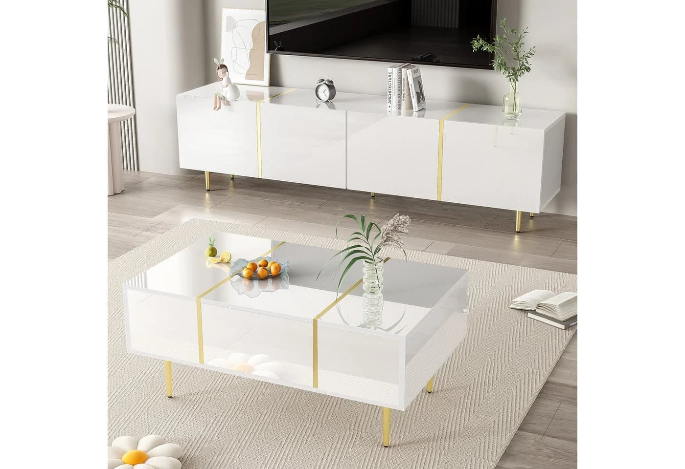 OKWISH Wohnzimmer-Set 2-tlg. Hochglanz Weiß Gold Soft-Close - Bild 3