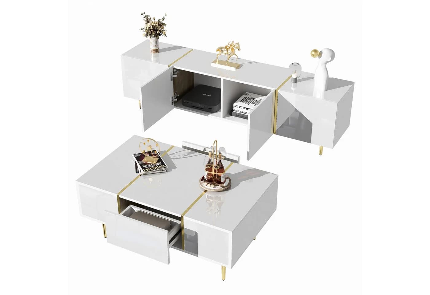 OKWISH Wohnzimmer-Set 2-tlg. Hochglanz Weiß Gold Soft-Close - Bild 4