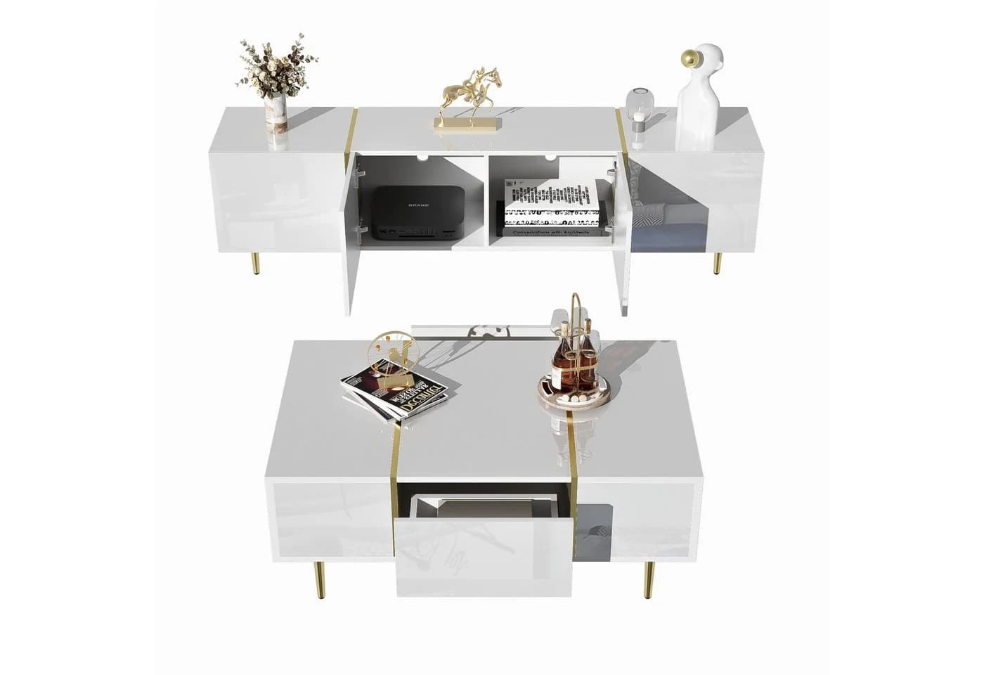 OKWISH Wohnzimmer-Set 2-tlg. Hochglanz Weiß Gold Soft-Close - Bild 5