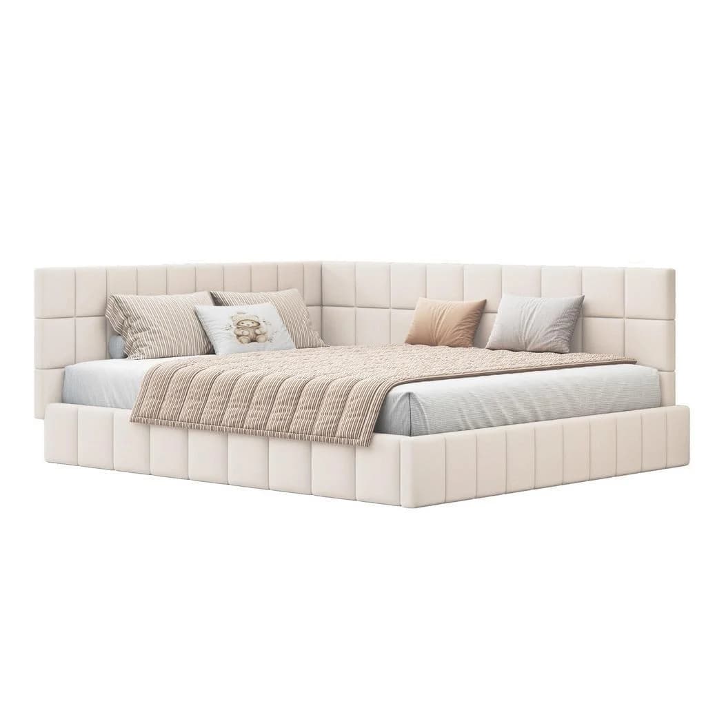 Okwish Polsterbett Beige Stoff Mid-Centumbett mit Lattenrost