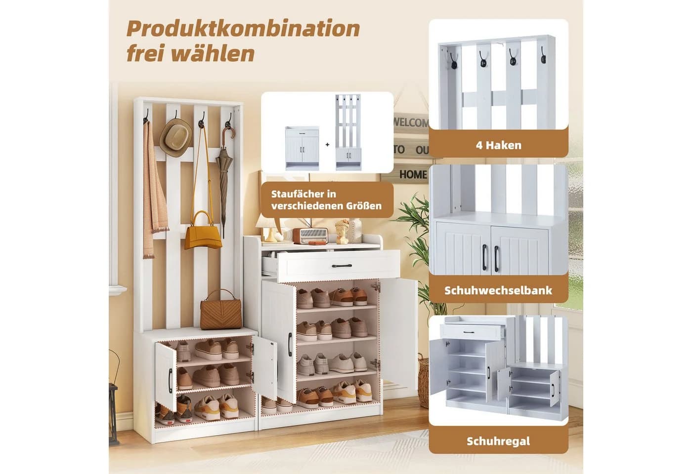 OKWISH Garderoben-Set mit Schuhbank & Haken Weiß Matt - Bild 5