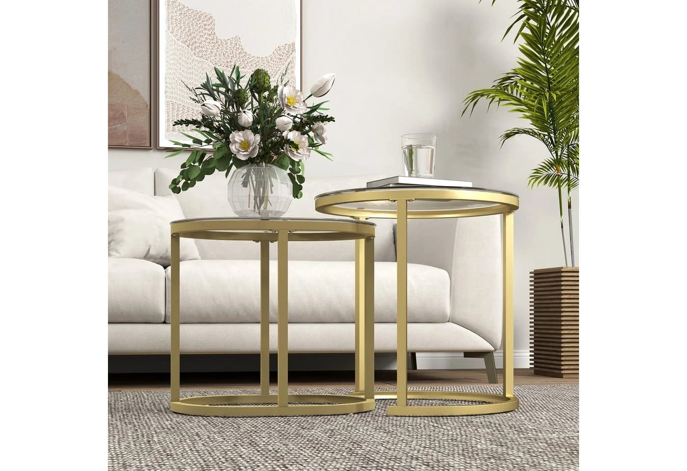 OKWISH Couchtisch 2er-Set Gold stapelbar Stahlrahmen Hartglas