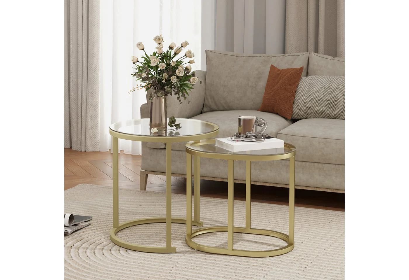 OKWISH Couchtisch 2er-Set Gold stapelbar Stahlrahmen Hartglas - Bild 2