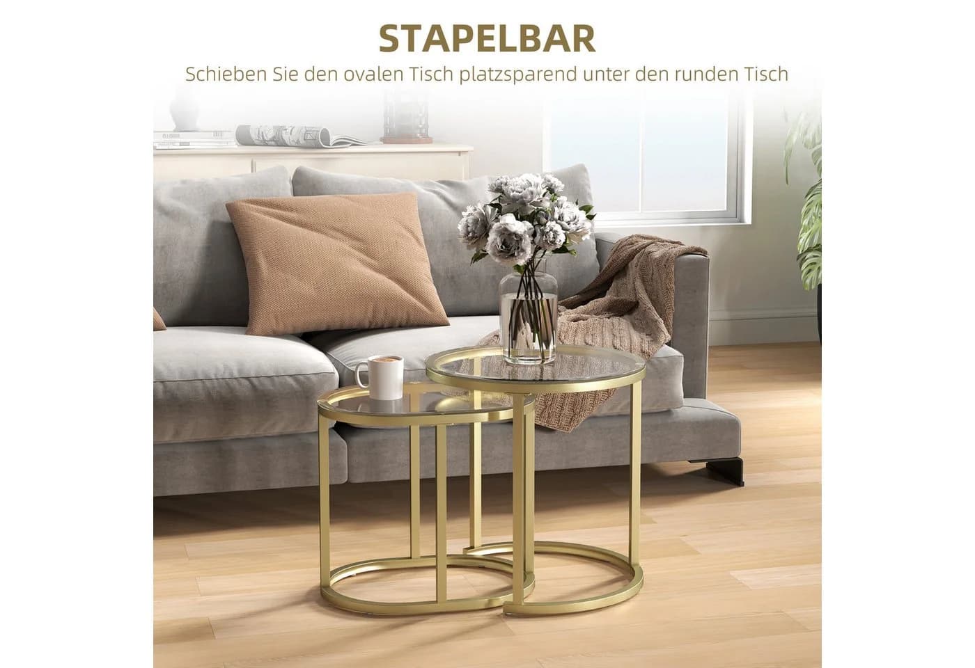 OKWISH Couchtisch 2er-Set Gold stapelbar Stahlrahmen Hartglas - Bild 4