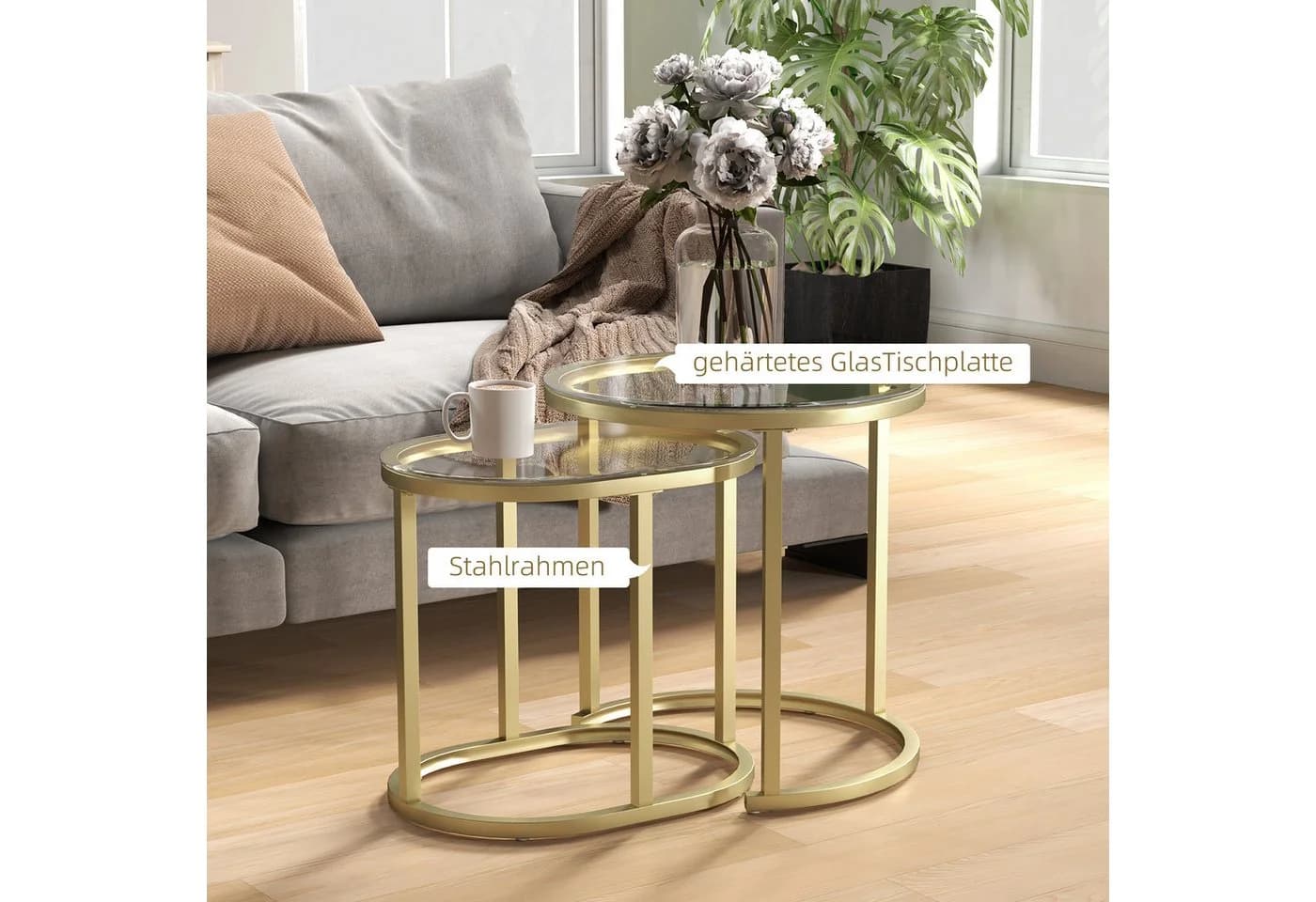 OKWISH Couchtisch 2er-Set Gold stapelbar Stahlrahmen Hartglas - Bild 5