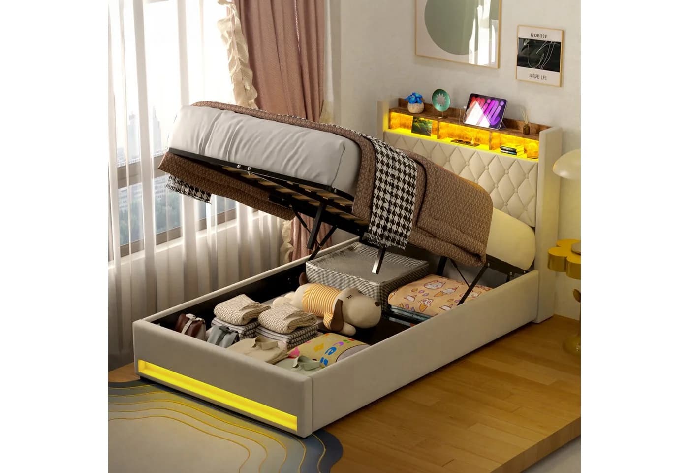 OKWISH Polsterbett 140x200 Beige mit RGB-LED, Bettkasten & USB - Bild 2