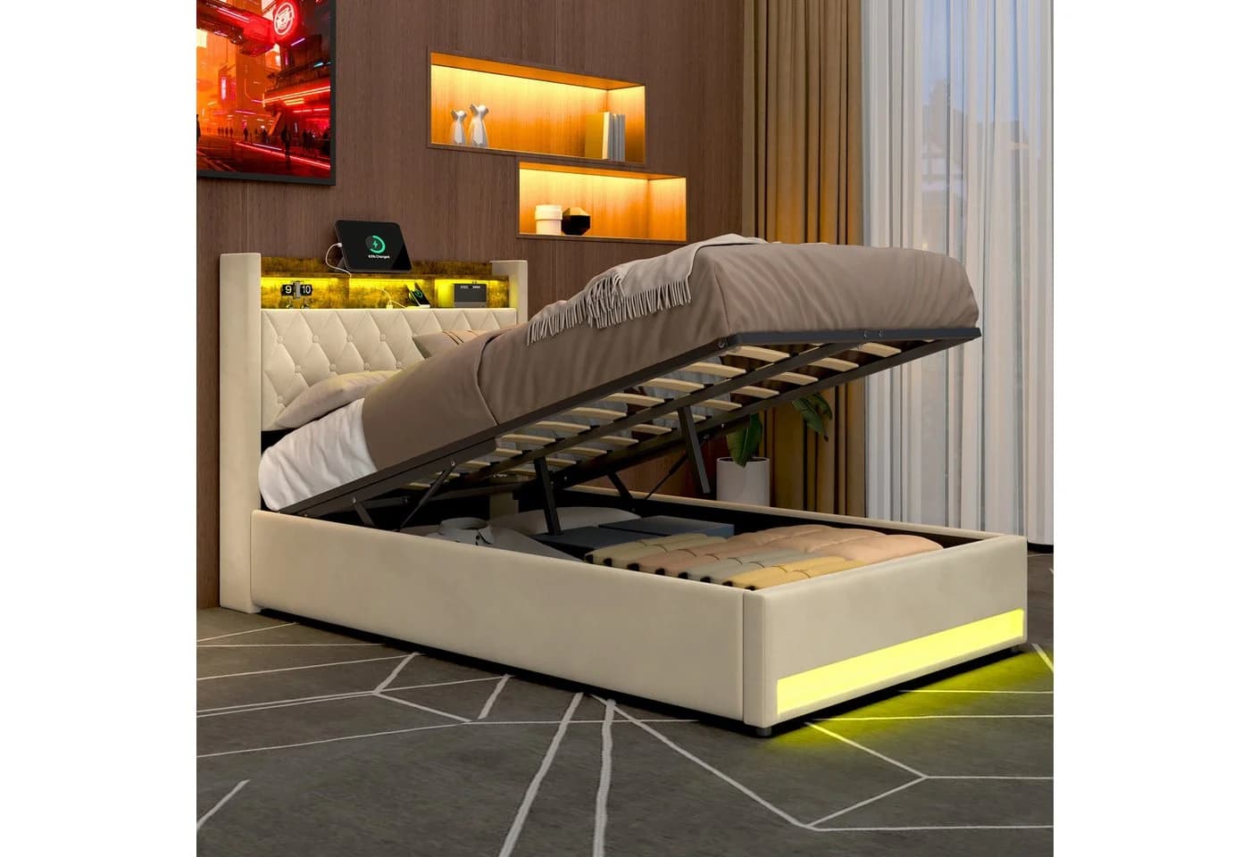 OKWISH Polsterbett 140x200 Beige mit RGB-LED, Bettkasten & USB - Bild 3