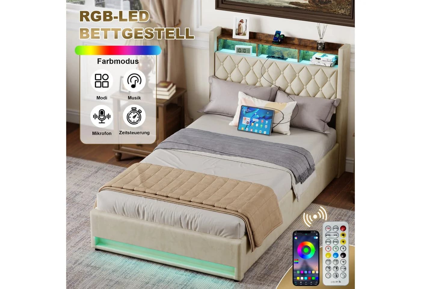 OKWISH Polsterbett 140x200 Beige mit RGB-LED, Bettkasten & USB - Bild 5