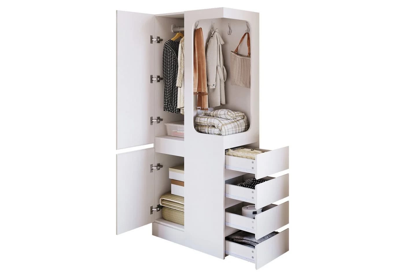 OKWISH Kleiderschrank Weiß mit 4 Schubladen & offenem Fach - Bild 4