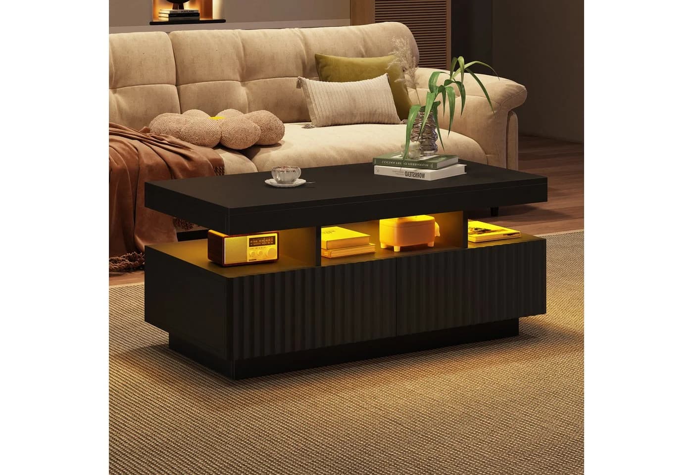 OKWISH Couchtisch Teetisch mit Vertikal gestreifter Oberfläche, LED-Lichtleiste - Bild 2