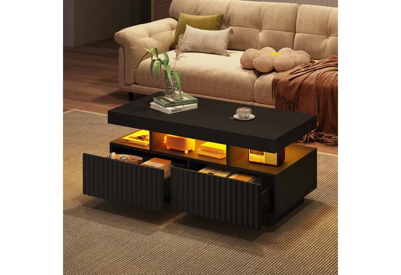 OKWISH Couchtisch Teetisch mit Vertikal gestreifter Oberfläche, LED-Lichtleiste - Bild 3
