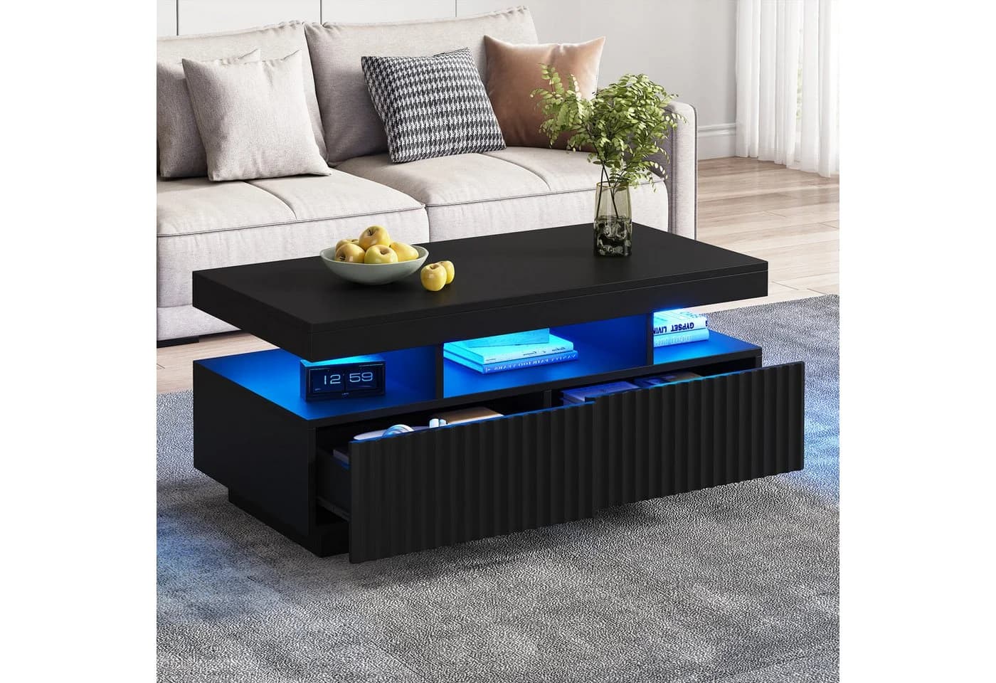 OKWISH Couchtisch Teetisch mit Vertikal gestreifter Oberfläche, LED-Lichtleiste - Bild 4