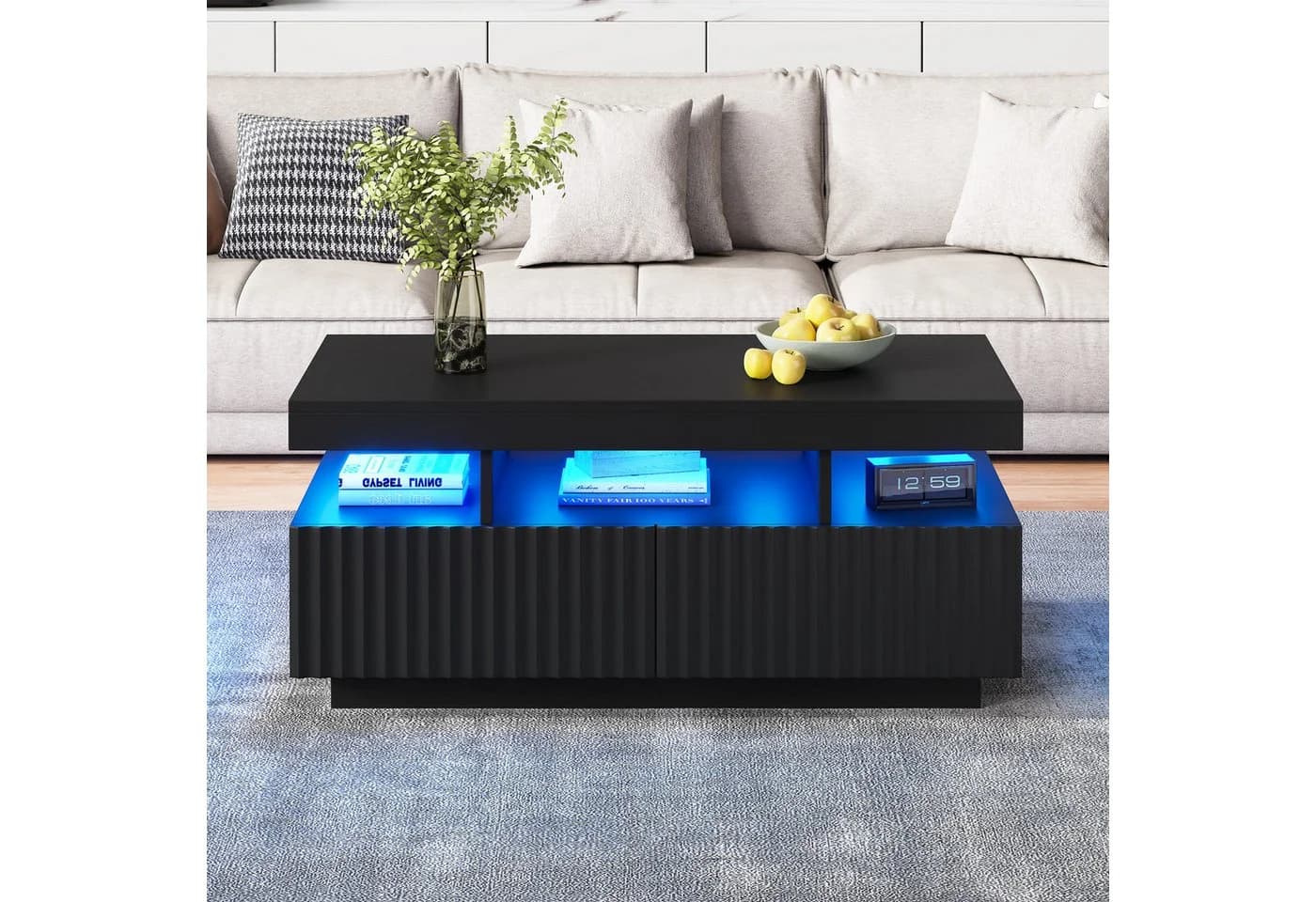 OKWISH Couchtisch Teetisch mit Vertikal gestreifter Oberfläche, LED-Lichtleiste - Bild 5
