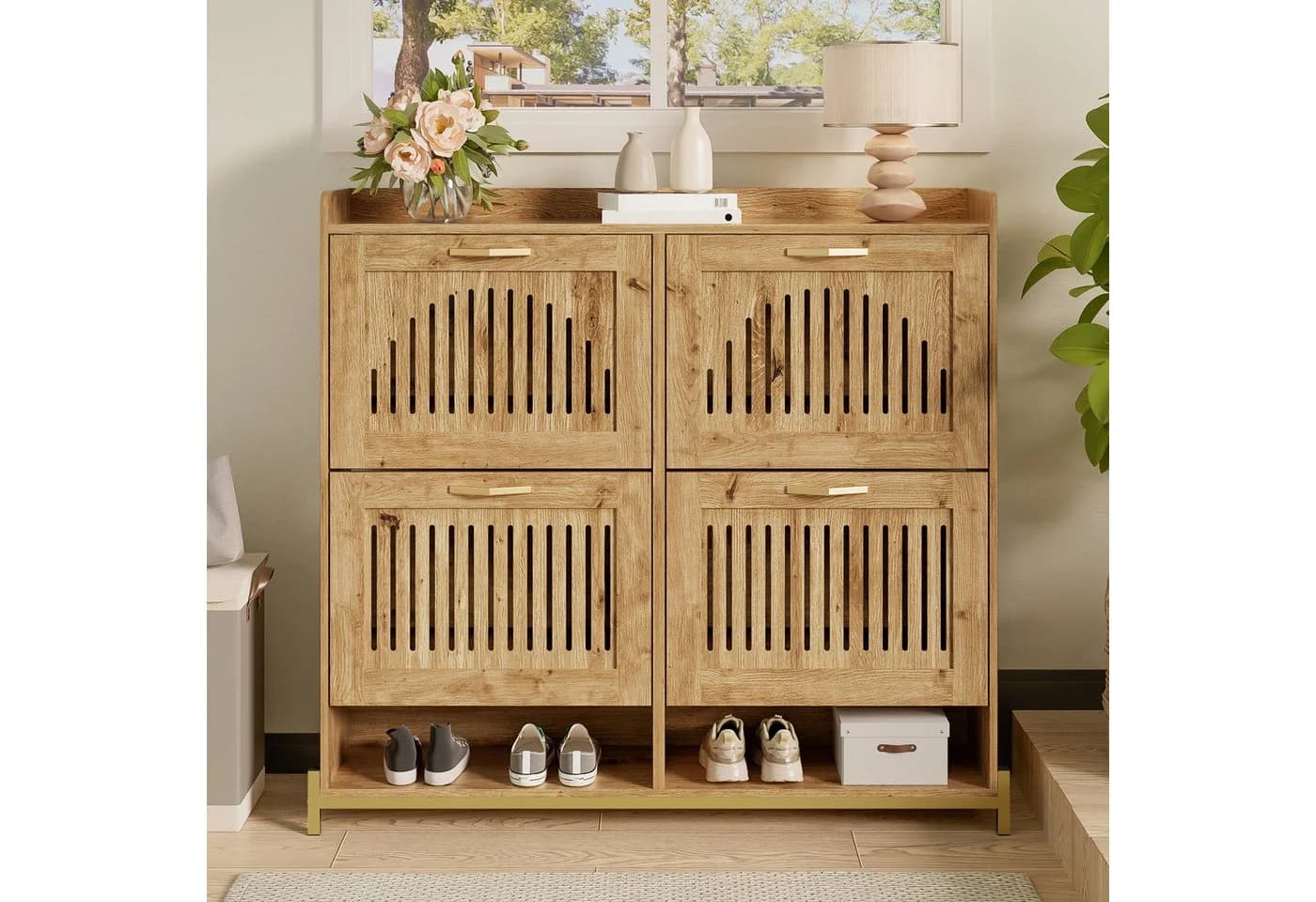 OKWISH Schuhschrank mit Metallrahmen und 4 Lamellentüren