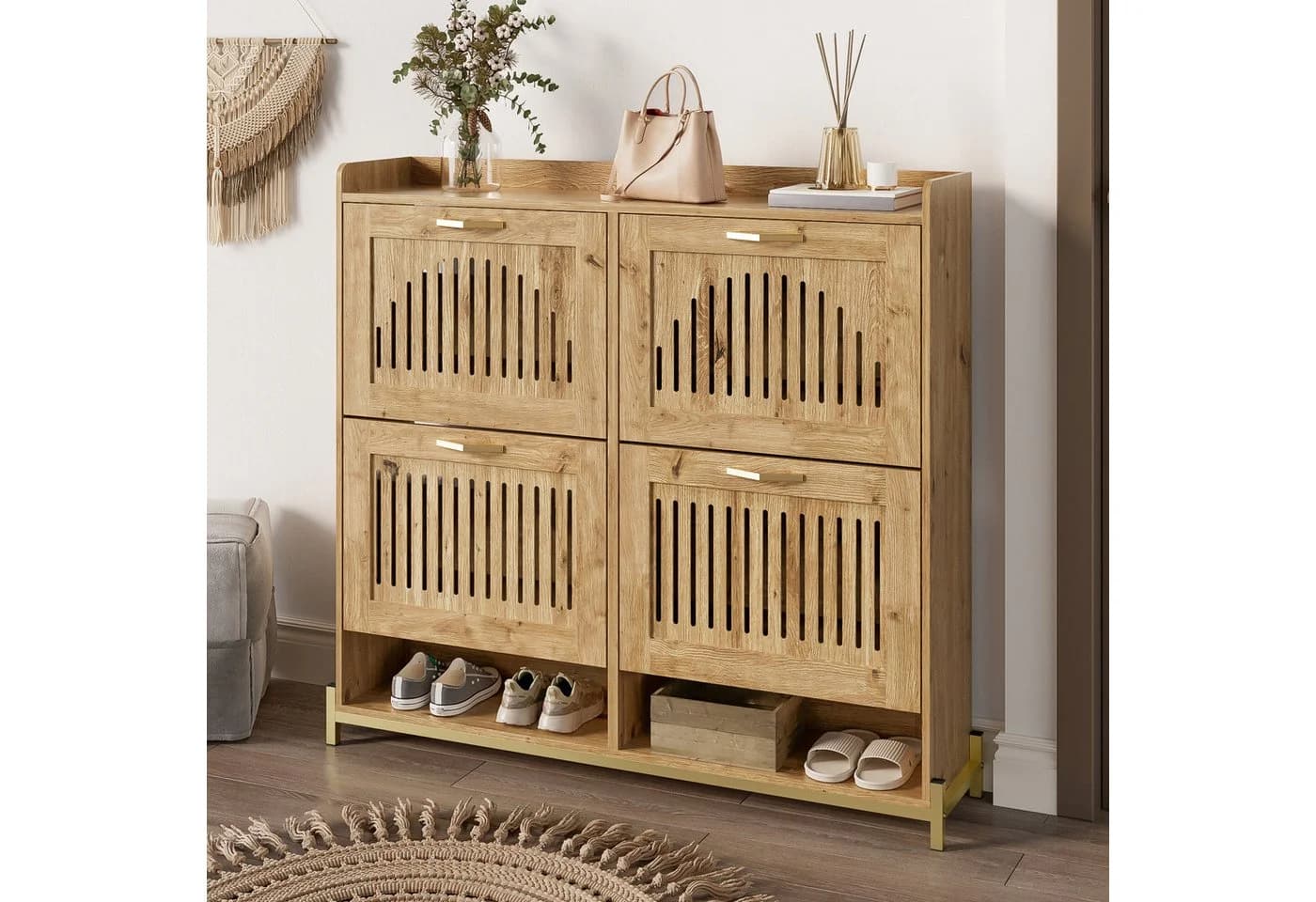 OKWISH Schuhschrank mit Metallrahmen und 4 Lamellentüren - Bild 4