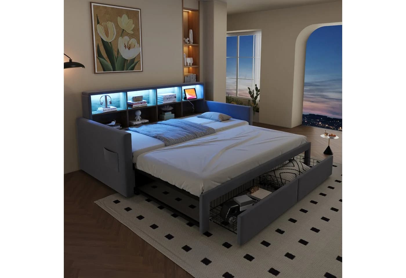 OKWISH Schlafsofa Polsterbett Funktionsbett mit LED-Kopfteil, Steckdosen & Schubladen, Ausziehbares Kinderbett 90/180x190 cm, ohne Matratze - Bild 2