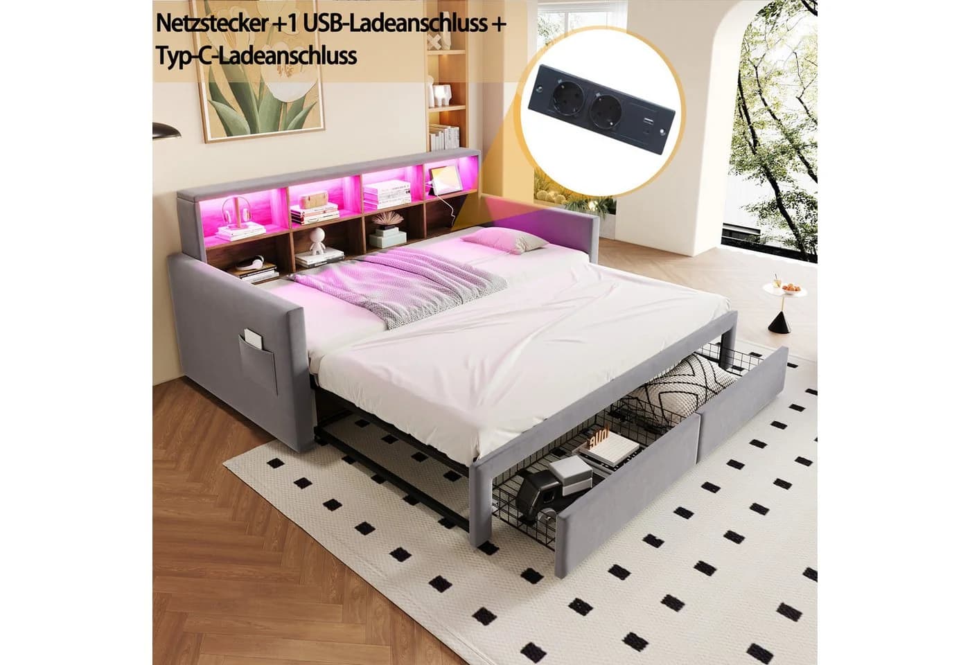 OKWISH Schlafsofa Polsterbett Funktionsbett mit LED-Kopfteil, Steckdosen & Schubladen, Ausziehbares Kinderbett 90/180x190 cm, ohne Matratze - Bild 5