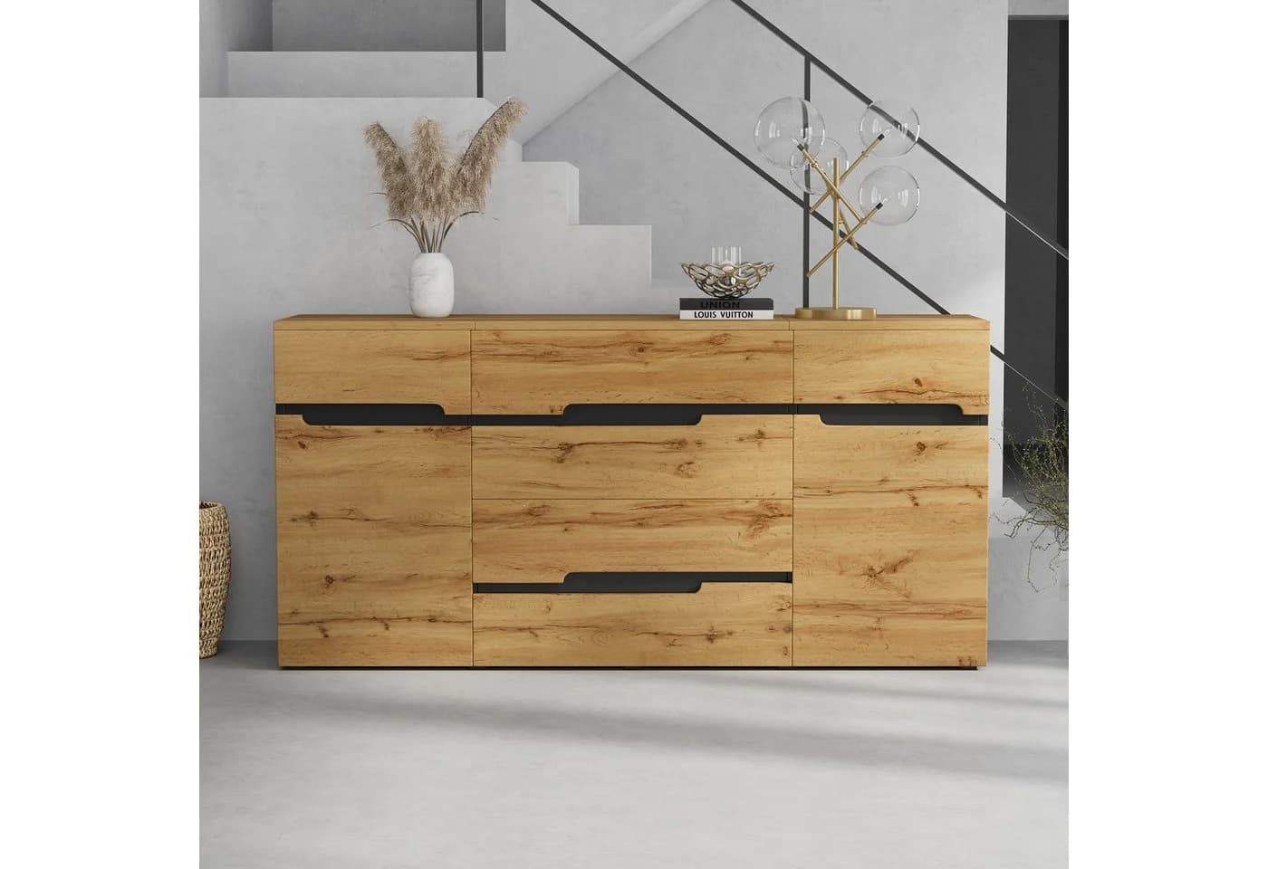 OKWISH Sideboard Wohnzimmerschrank Schwarz Holzoptik 2 Türen 4 Schubladen
