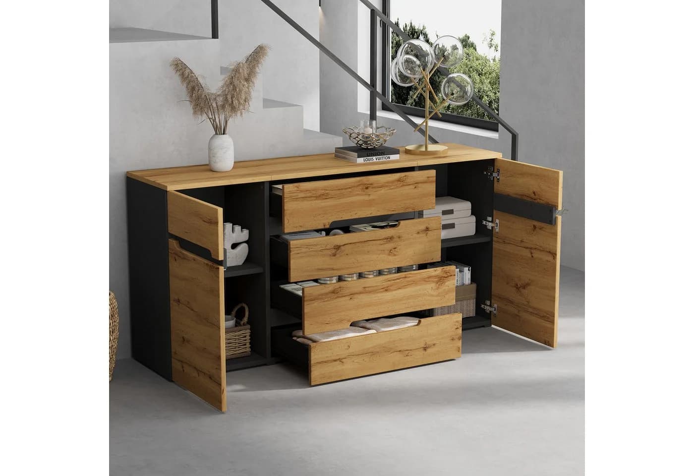 OKWISH Sideboard Wohnzimmerschrank Schwarz Holzoptik 2 Türen 4 Schubladen - Bild 2