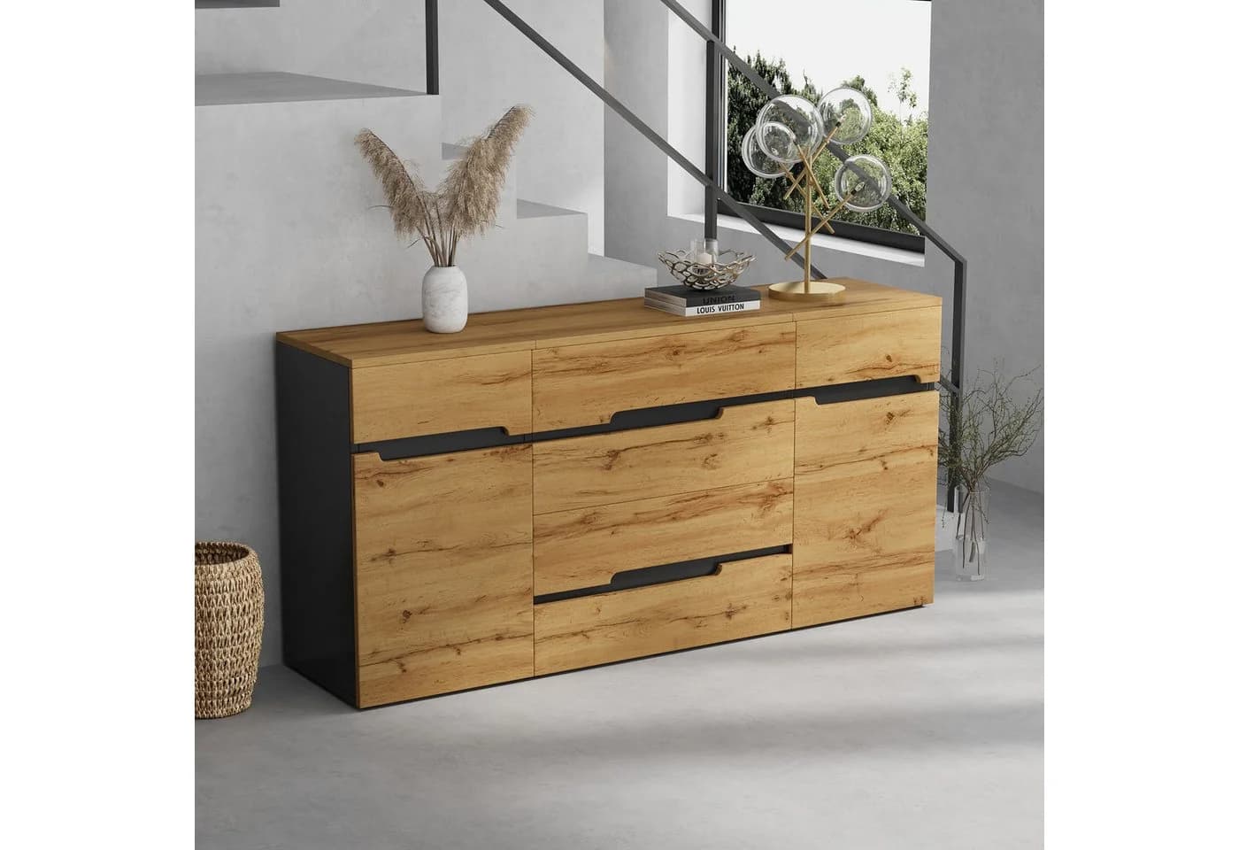 OKWISH Sideboard Wohnzimmerschrank Schwarz Holzoptik 2 Türen 4 Schubladen - Bild 3