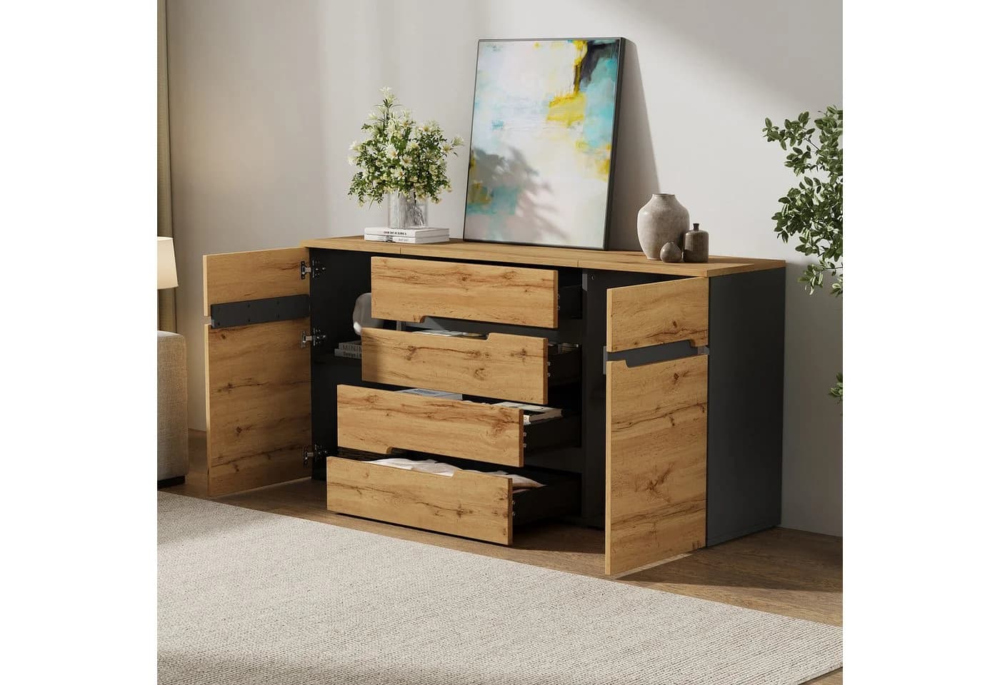 OKWISH Sideboard Wohnzimmerschrank Schwarz Holzoptik 2 Türen 4 Schubladen - Bild 4