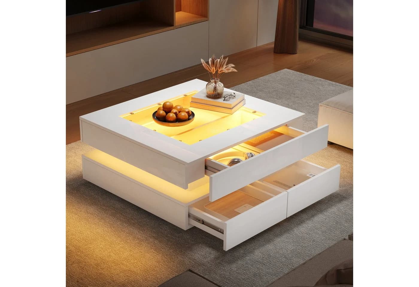 OKWISH Couchtisch Weiß LED-Couchtisch mit Glastischplatte und 3 Schubladen