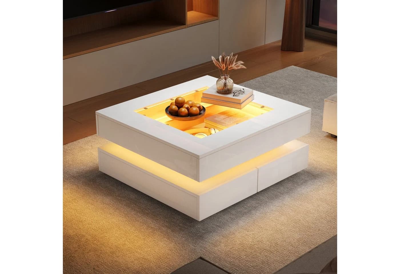 OKWISH Couchtisch Weiß LED-Couchtisch mit Glastischplatte und 3 Schubladen - Bild 2