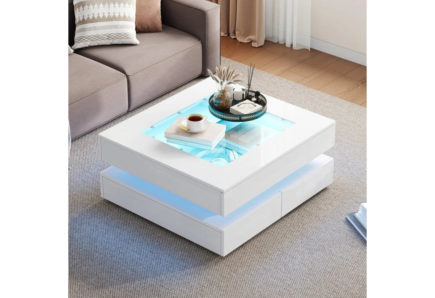 OKWISH Couchtisch Weiß LED-Couchtisch mit Glastischplatte und 3 Schubladen - Bild 3