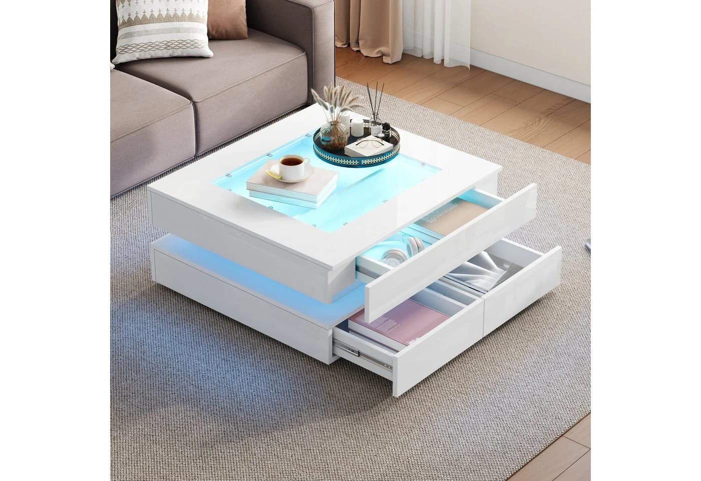 OKWISH Couchtisch Weiß LED-Couchtisch mit Glastischplatte und 3 Schubladen - Bild 4