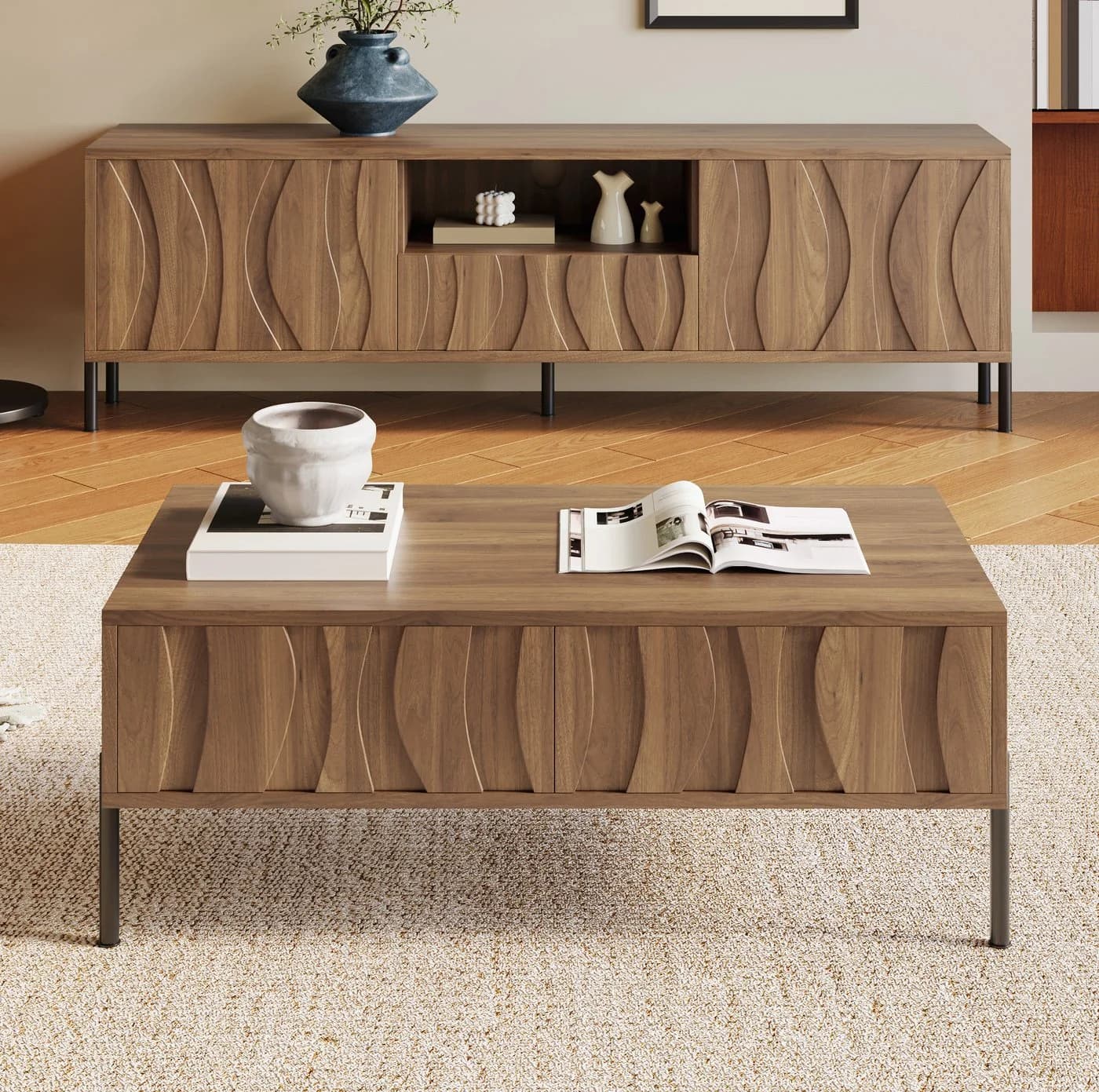 OKWISH Wohnzimmer-Set mit TV-Lowboard & Couchtisch Natur Holzoptik - Bild 2