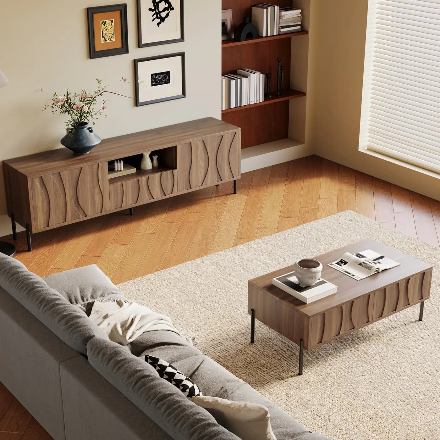 OKWISH Wohnzimmer-Set mit TV-Lowboard & Couchtisch Natur Holzoptik - Bild 3
