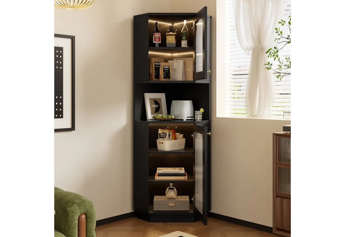 OKWISH Vitrine Regal 45x45x166,5 cm mit Lichtleiste und Kippschutz