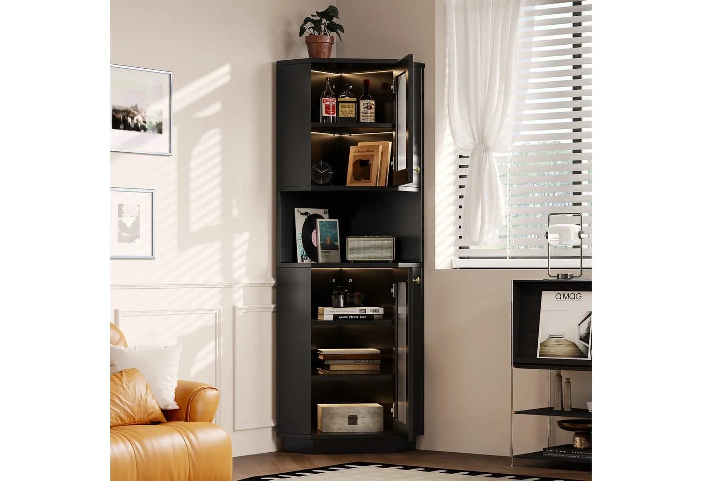 OKWISH Vitrine Regal 45x45x166,5 cm mit Lichtleiste und Kippschutz - Bild 4